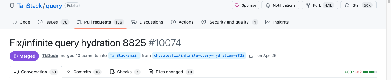TanStack/query 저장소의 Pull Request #10074 화면. Merged 상태이며 메인테이너 TkDodo가 13개 커밋을 TanStack:main으로 머지했고, 변경량은 +307 −32.
